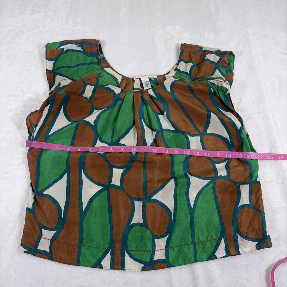 DIANE von FURSTENBERG 100% Silk Geometric Blouse Green Brown White Size 6 Chrty - Picture 4 of 9